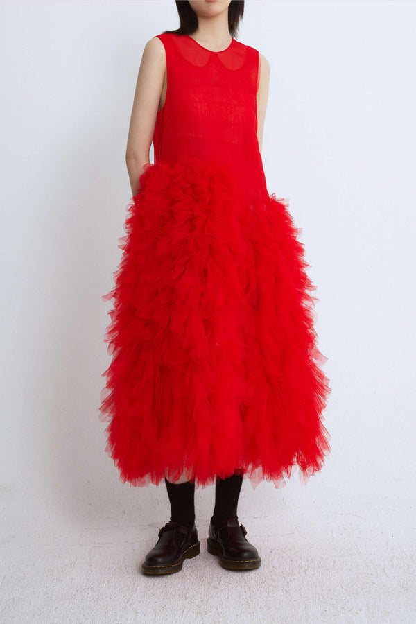 Caroline Hu red tulle folds wrinkle ruffled drill dresses CHRS23D04